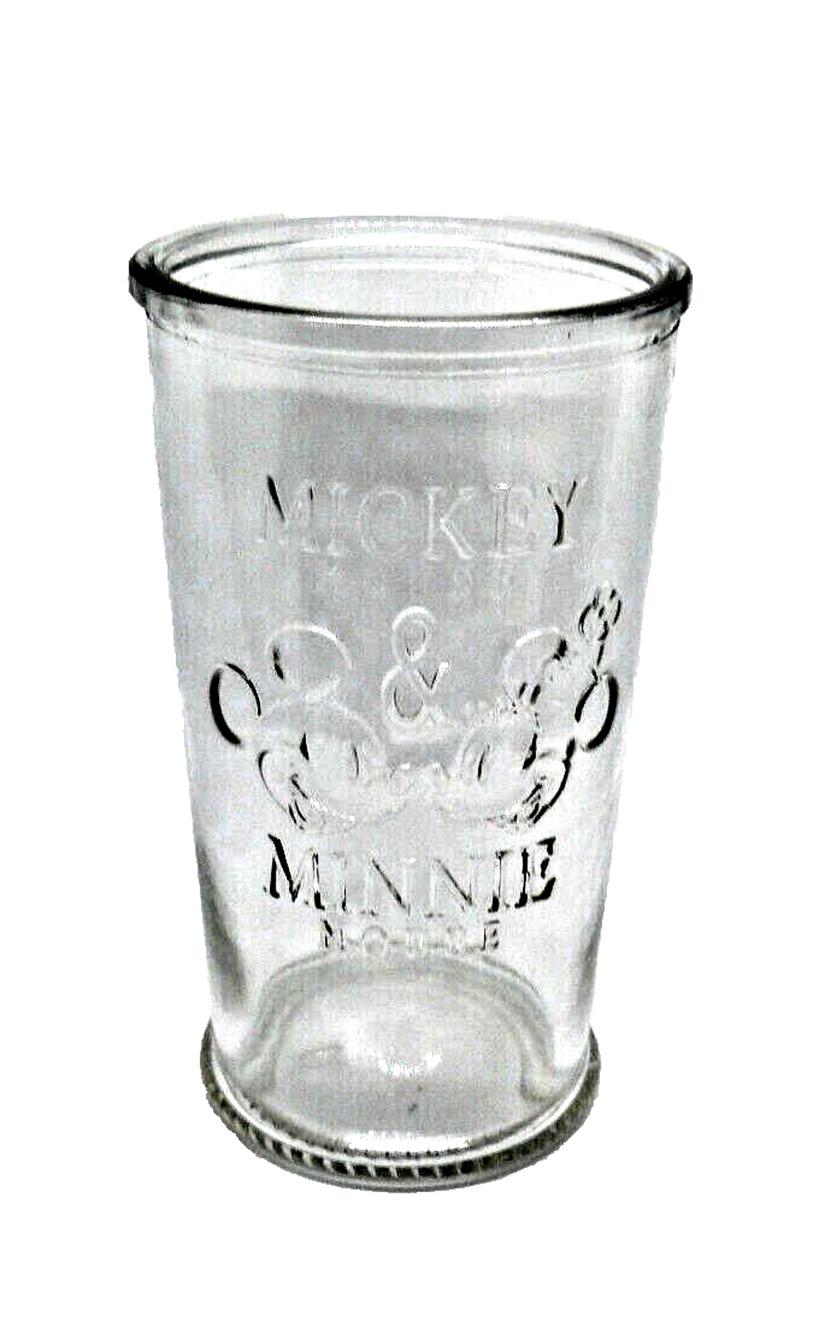 Rare DISNEY Mickey Mouse & Minnie Mouse Clear Drinking Glass 6 in, Marked 1, Vtg
